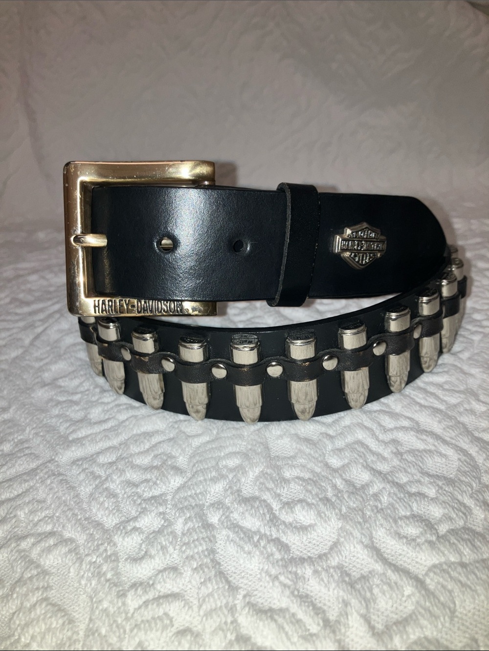 Harley Davidson leather belt, “bullet-ammo” design, metal buckle, black 38